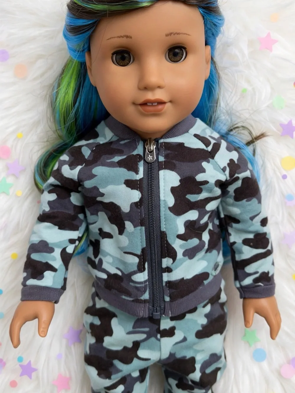 American Girl Doll in Blue and Green Camo Jogger Set with Matching Shoes